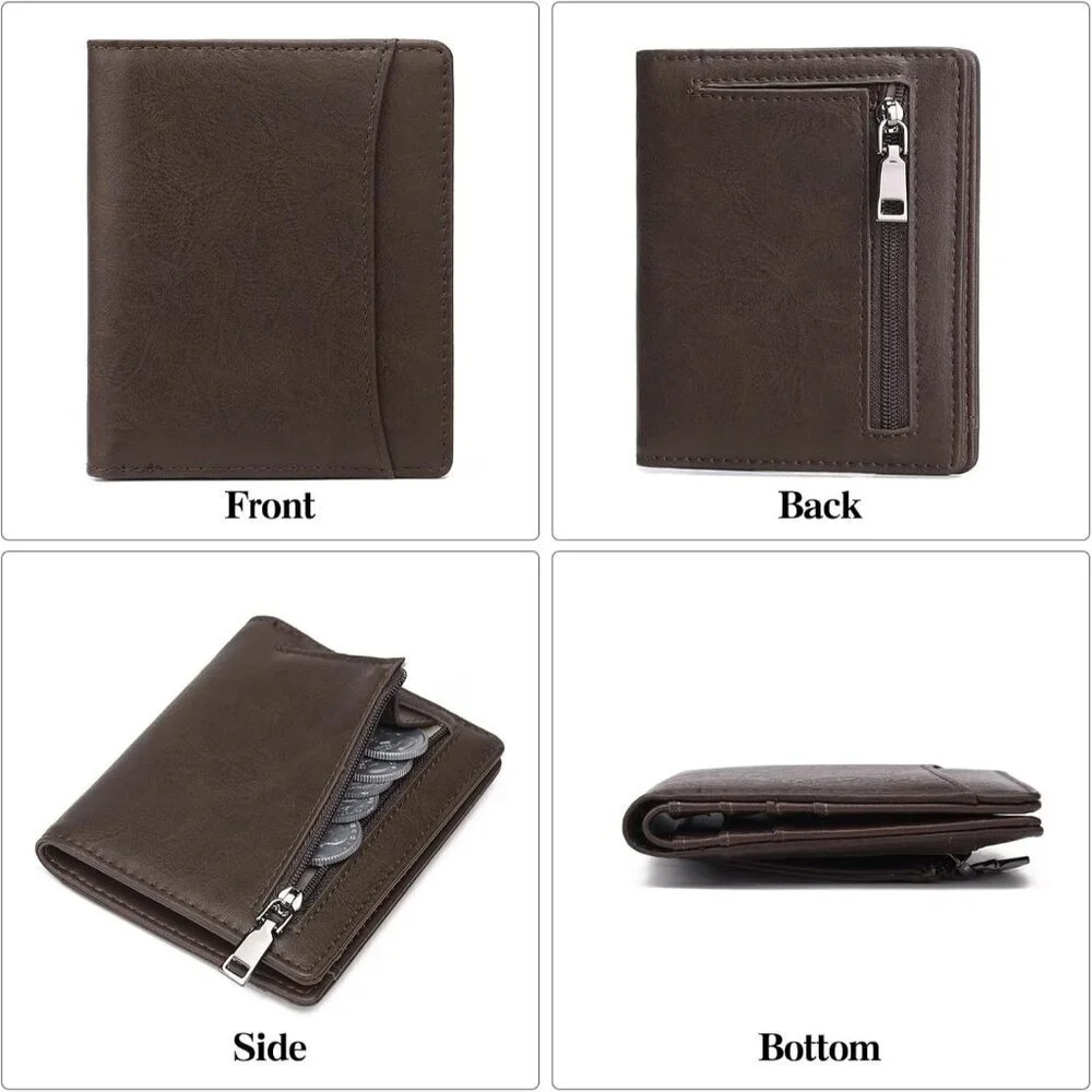 Men's A01 Brown Genuine Leather Minimalist Wallets Card Zipper Coin Pocket